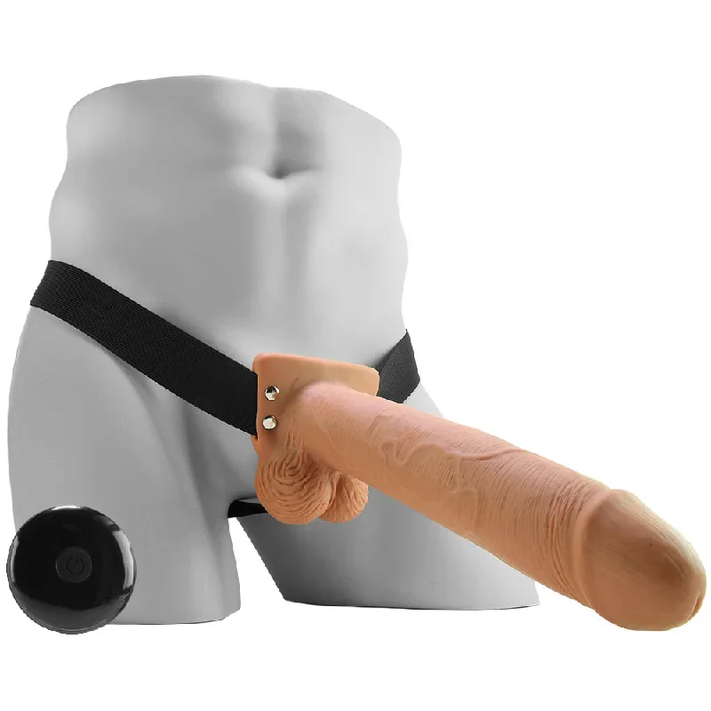 10"" Hollow Vibrating Strap-On with Remote in Tan