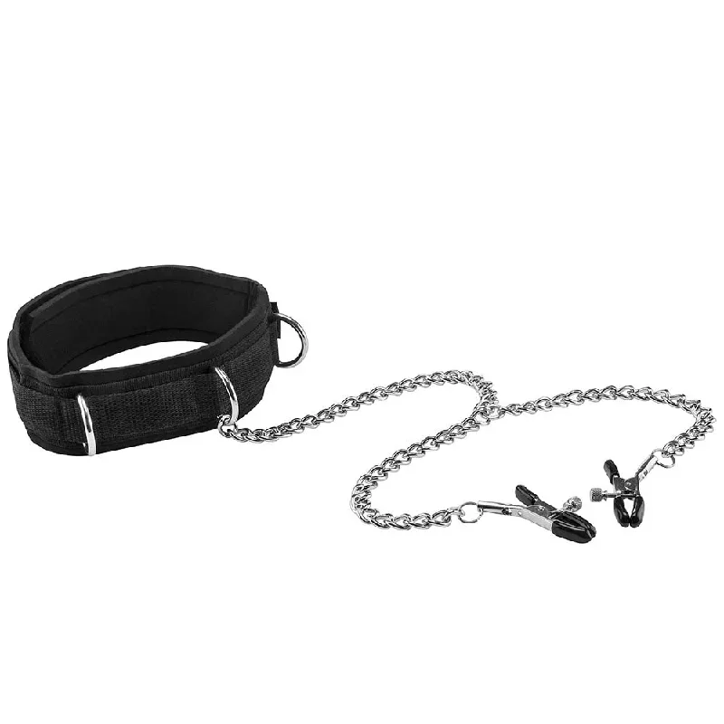 Black & White Velcro Collar With Nipple Clamps