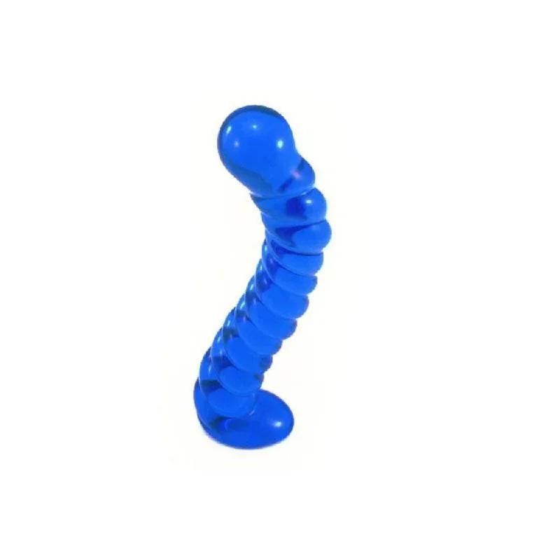 Curved Blue Spiral 7"" Glass Dildo