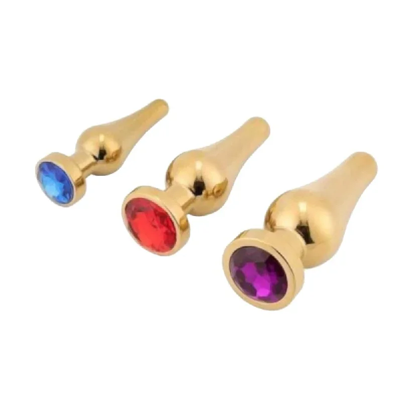 Gold Cone-Shaped Stainless Steel Princess Jeweled Plug Set Trainer Large Toy