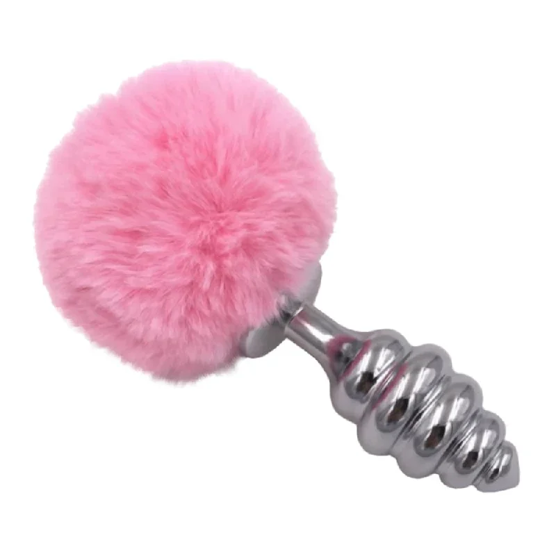 Pink Ribbed-Contoured Bunny Tail Plug 2.7 to 3.5"" Long