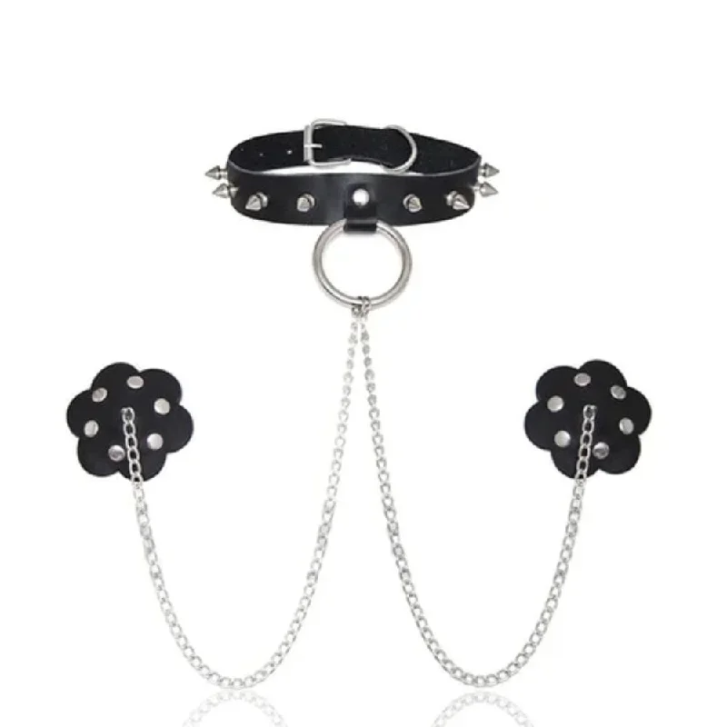 Studded with Spikes O Ring Choker With Nipple Covers